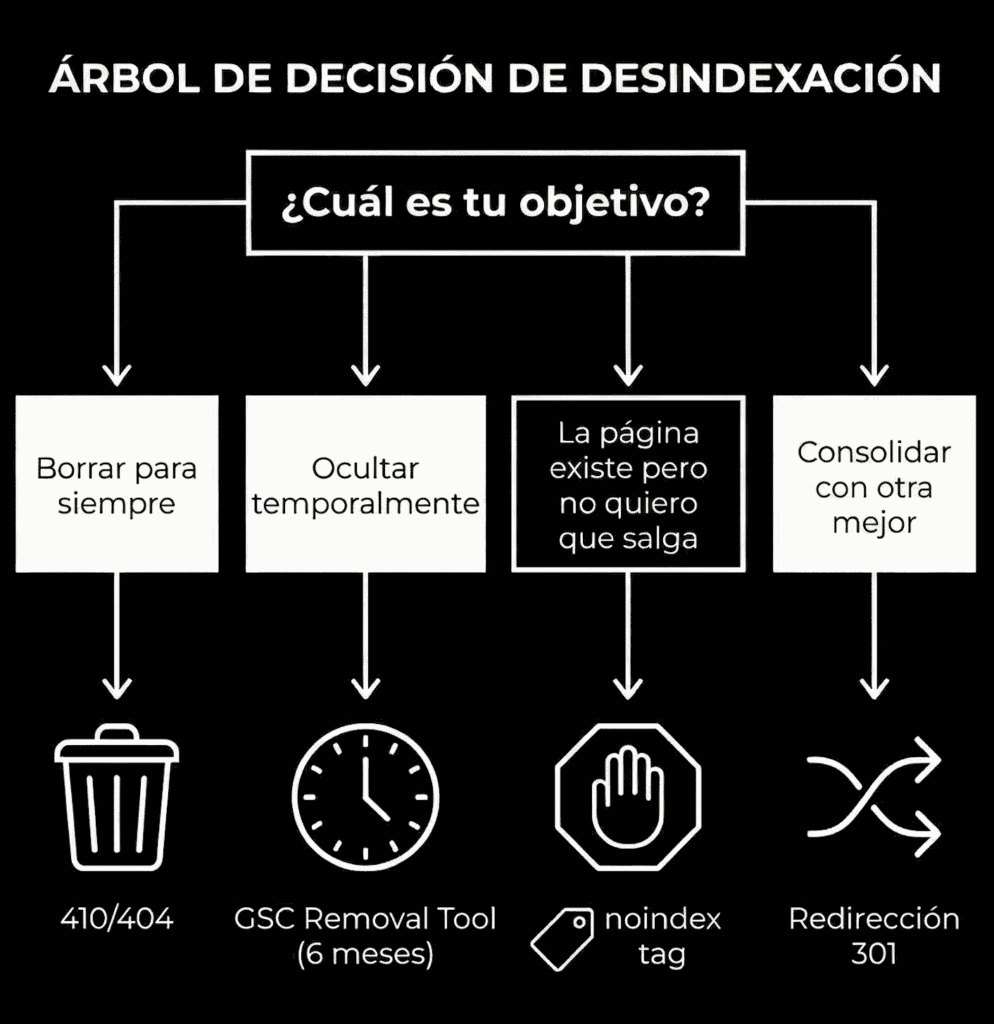 Diagrama de flux per triar el mètode correcte de desindexació a Google (410, noindex, 301, GSC)