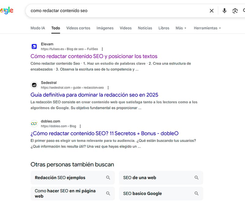 Screenshot of Google search results (SERP) for the query "how to write seo content", showing the top-ranking organic articles.