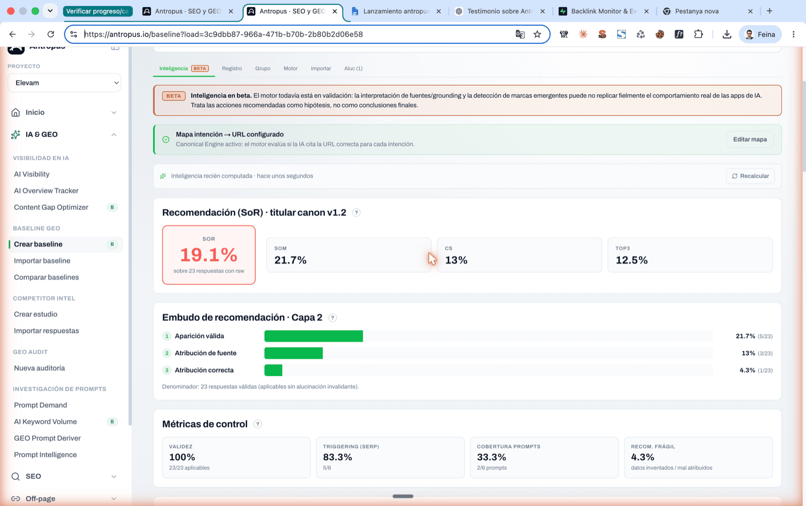 Secció d'Intel·ligència d'Antropus amb la mètrica SoR com a titular i l'embut de recomanació de tres capes per a una auditoria GEO.