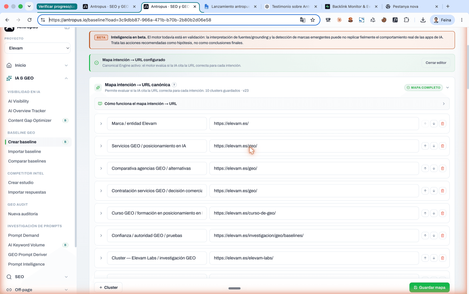 Editor del mapa intenció → URL canònica a Antropus amb 10 clústers configurats, cadascun amb la seva URL canònica esperada.