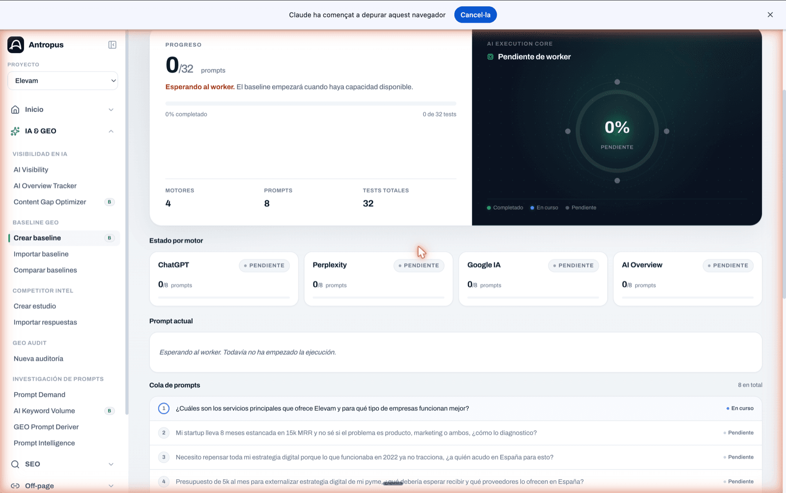 Pantalla d'execució d'un baseline a Antropus amb l'AI Execution Core mostrant el progrés i els motors actius.