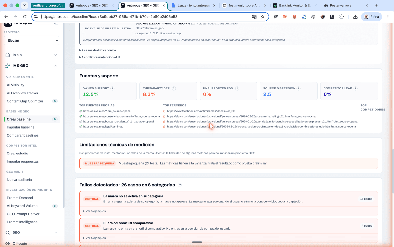 Pestanya Intel·ligència d'Antropus mostrant errors categoritzats, severitat escalada per valor comercial i accions prioritzades amb criteri d'èxit.