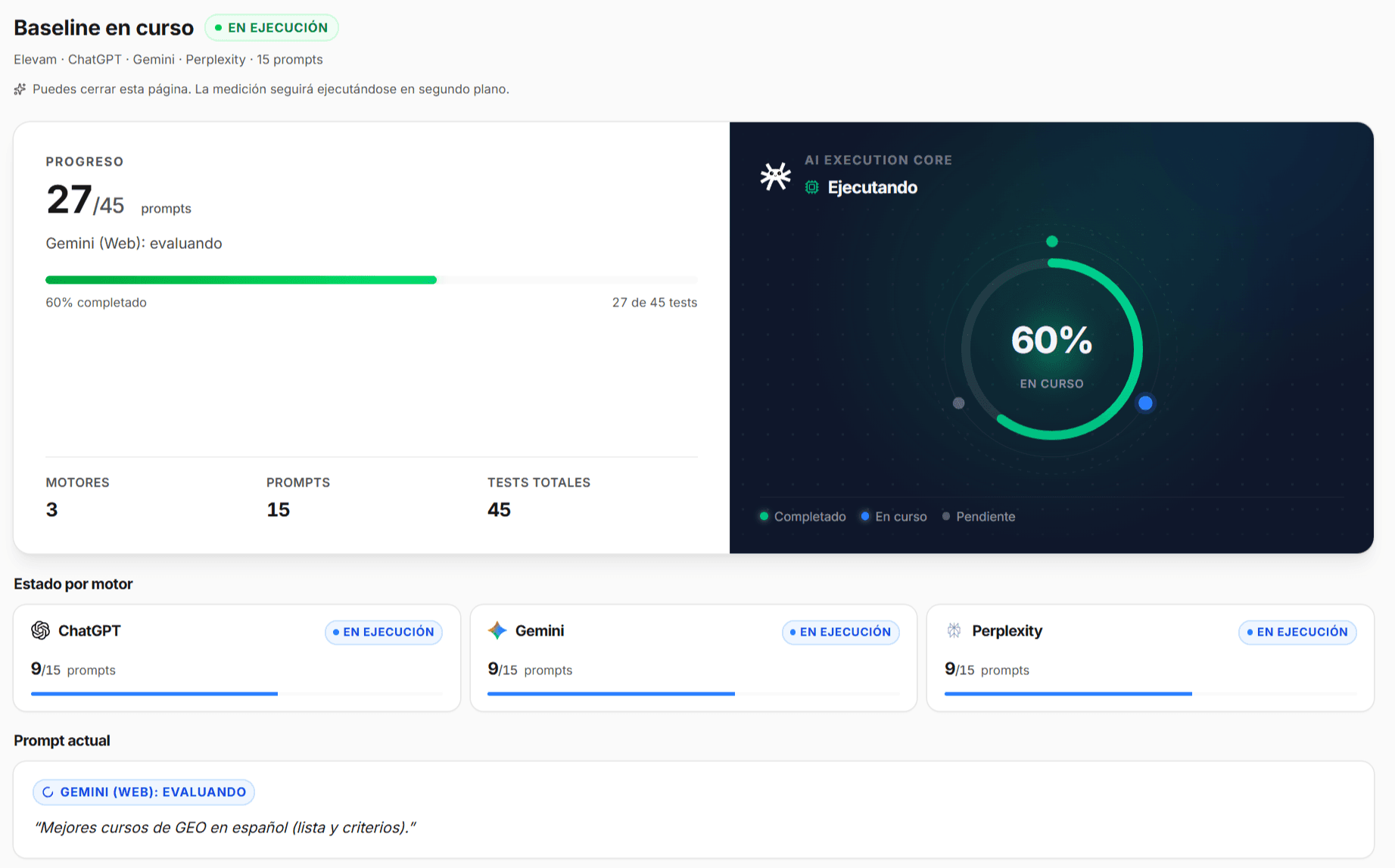 Captura del panel Antropus con un baseline nativo en ejecución al 60%.
