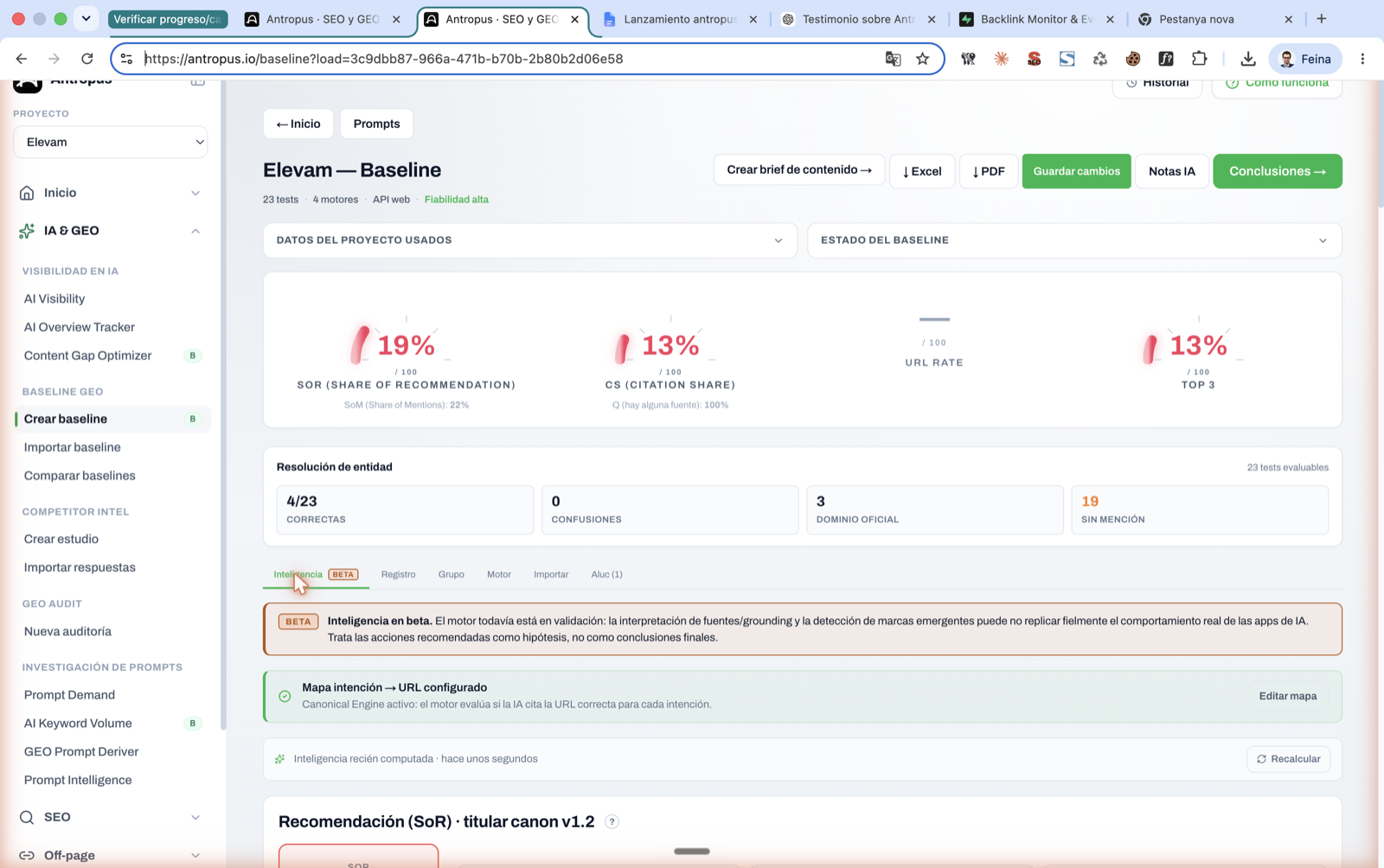 Dashboard de auditoría GEO en Antropus mostrando los cuatro indicadores principales (SoR, CS, URL Rate, Top 3) y un panel de resolución de entidad.