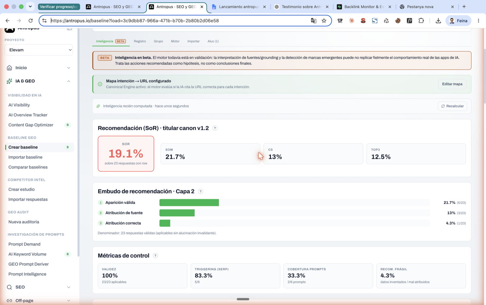 Sección de Inteligencia de Antropus con la métrica SoR como titular y el embudo de recomendación de tres capas para una auditoría GEO.