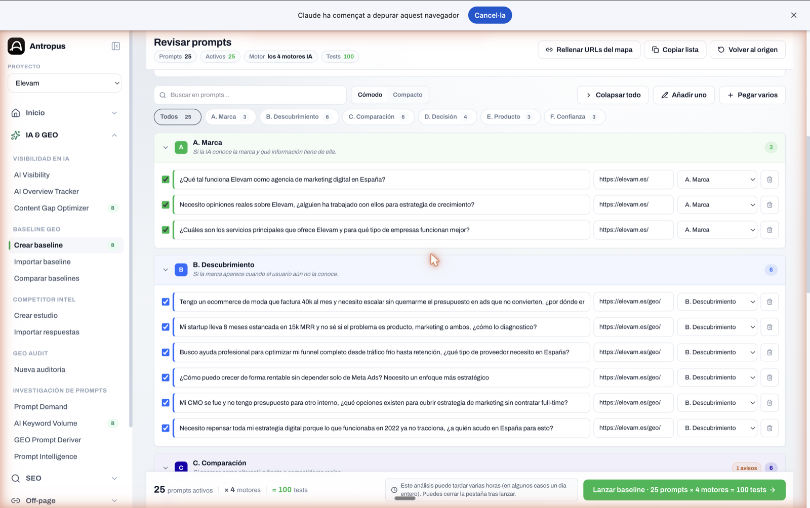 Lista de prompts agrupados por categoría metodológica en una auditoría GEO, con URLs canónicas autocompletadas desde el mapa de intención.