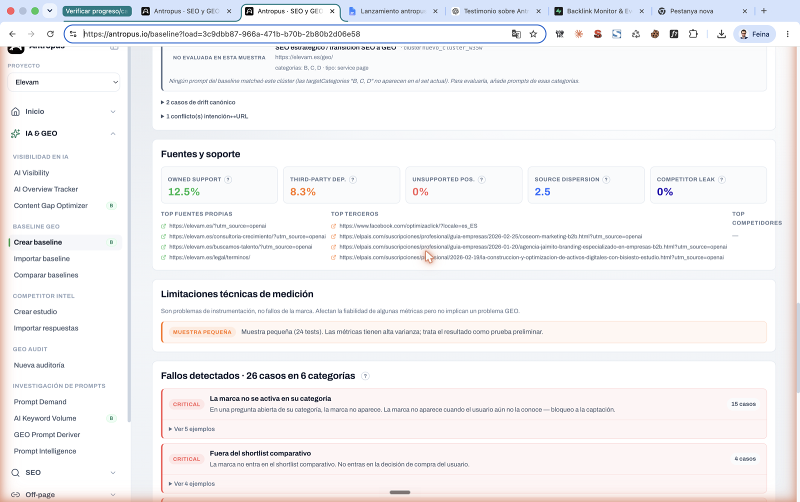 Pestaña Inteligencia de Antropus mostrando fallos categorizados, severidad escalada por valor comercial y acciones priorizadas con criterio de éxito.