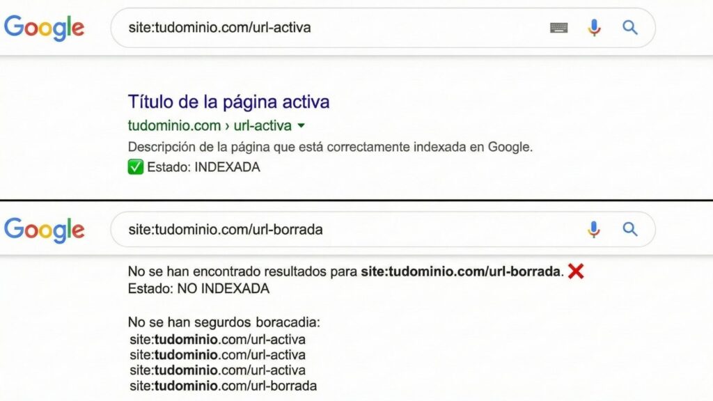 Comando site: en Google mostrando ejemplo de URL indexada frente a URL no indexada.