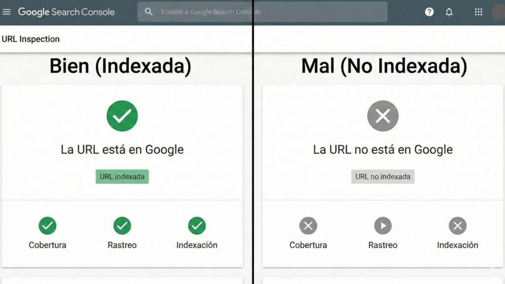 Comparativa en Google Search Console: URL indexada vs URL no indexada
