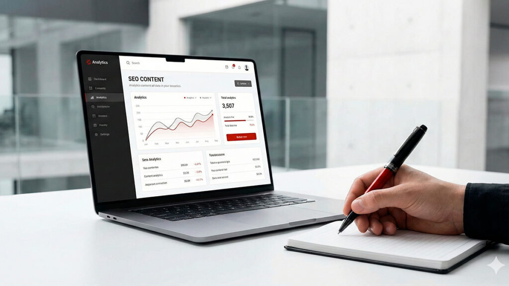 Portátil en oficina moderna mostrando analíticas de rendimiento junto a una libreta de notas, representando la estrategia de redacción de contenido SEO profesional